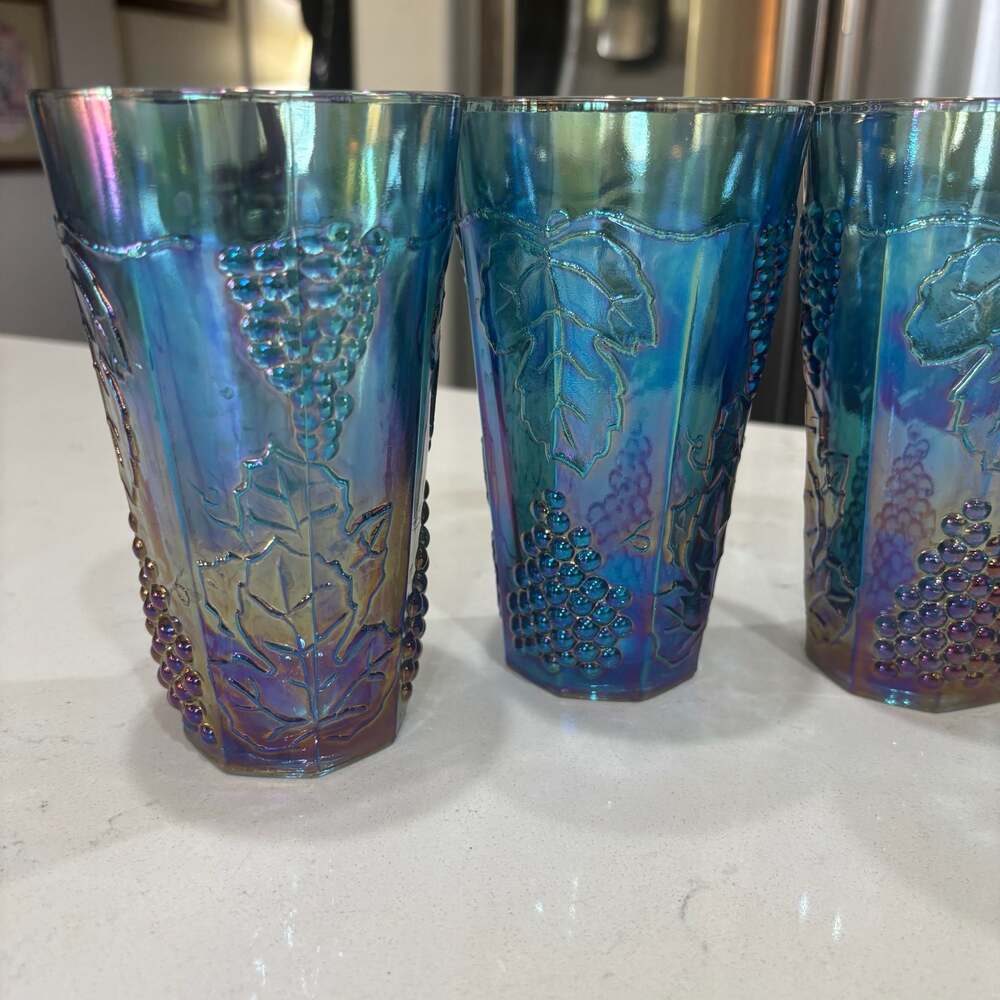 Vintage Indiana Iridescent Blue Carnival Glass Grape Pattern Tumblers Set of 4 - Picture 3 of 8